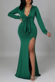 Green Fashion Casual Solid Slit V Neck Long Sleeve Two Pieces