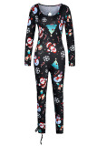 Multi-color Sexy Print Hollowed Out Patchwork Frenulum O Neck Regular Jumpsuits