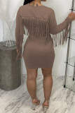 Champagne Fashion Casual Solid Tassel Patchwork O Neck Long Sleeve Dresses
