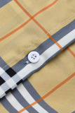 Khaki Fashion Casual Plaid Print Basic Turndown Collar Long Sleeve Two Pieces