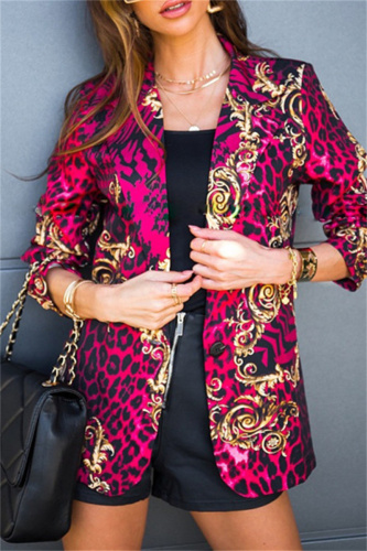 Red Fashion Casual Print Cardigan Turndown Collar Outerwear