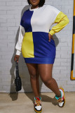 Multicolor Fashion Casual Geometric Print Basic O Neck Long Sleeve Plus Size Dresses