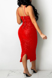Red Sexy Solid Sequins Patchwork Backless Fold Spaghetti Strap One Step Skirt Dresses
