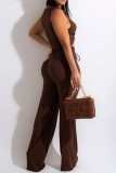 Brown Sexy Casual Solid Vests Pants V Neck Sleeveless Two Pieces