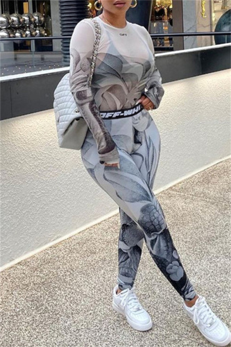 White Fashion Sexy Print See-through O Neck Long Sleeve Two Pieces