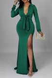 Green Fashion Casual Solid Slit V Neck Long Sleeve Two Pieces