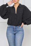 Black Casual Solid Patchwork Buckle Turndown Collar Tops