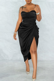 Black Sexy Solid Split Joint Fold Asymmetrical Spaghetti Strap Irregular Dress Dresses