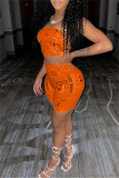 Orange Sexy Casual Print Backless Strapless Two Pieces