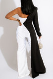 Black Sexy Casual Patchwork Backless One Shoulder Regular Jumpsuits