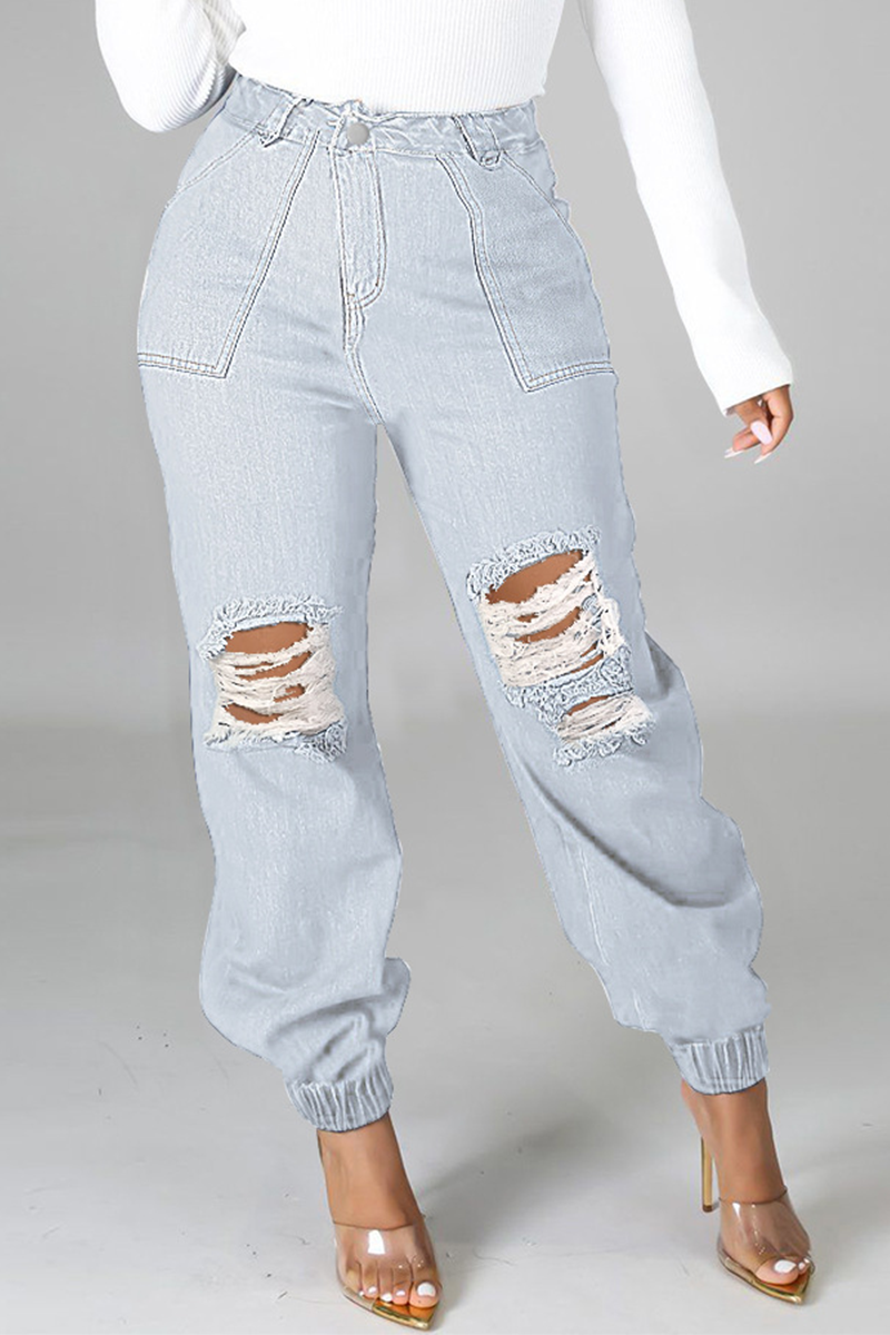 

Baby Blue Casual Solid Ripped Mid Waist Harlan Denim Jeans