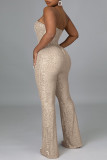Apricot Fashion Sexy Patchwork Sequins Backless Strapless Regular Jumpsuits