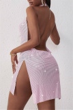 Pink Fashion Sexy Patchwork Backless Slit Halter Sleeveless Dress