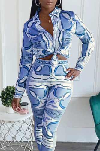 Blue Casual Print Patchwork Turndown Collar Long Sleeve Two Pieces