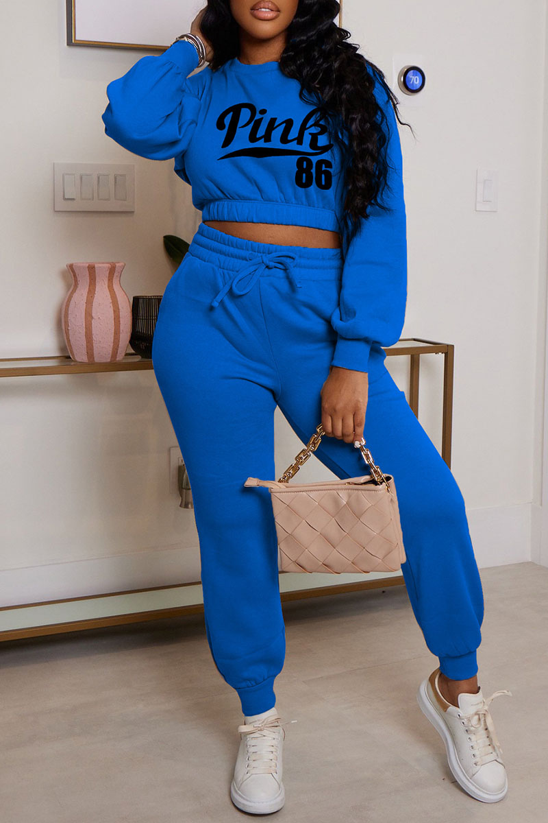 

Blue Fashion Casual Letter Print Basic O Neck Long Sleeve Two Pieces