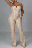 Apricot Fashion Sexy Patchwork Sequins Backless Strapless Regular Jumpsuits