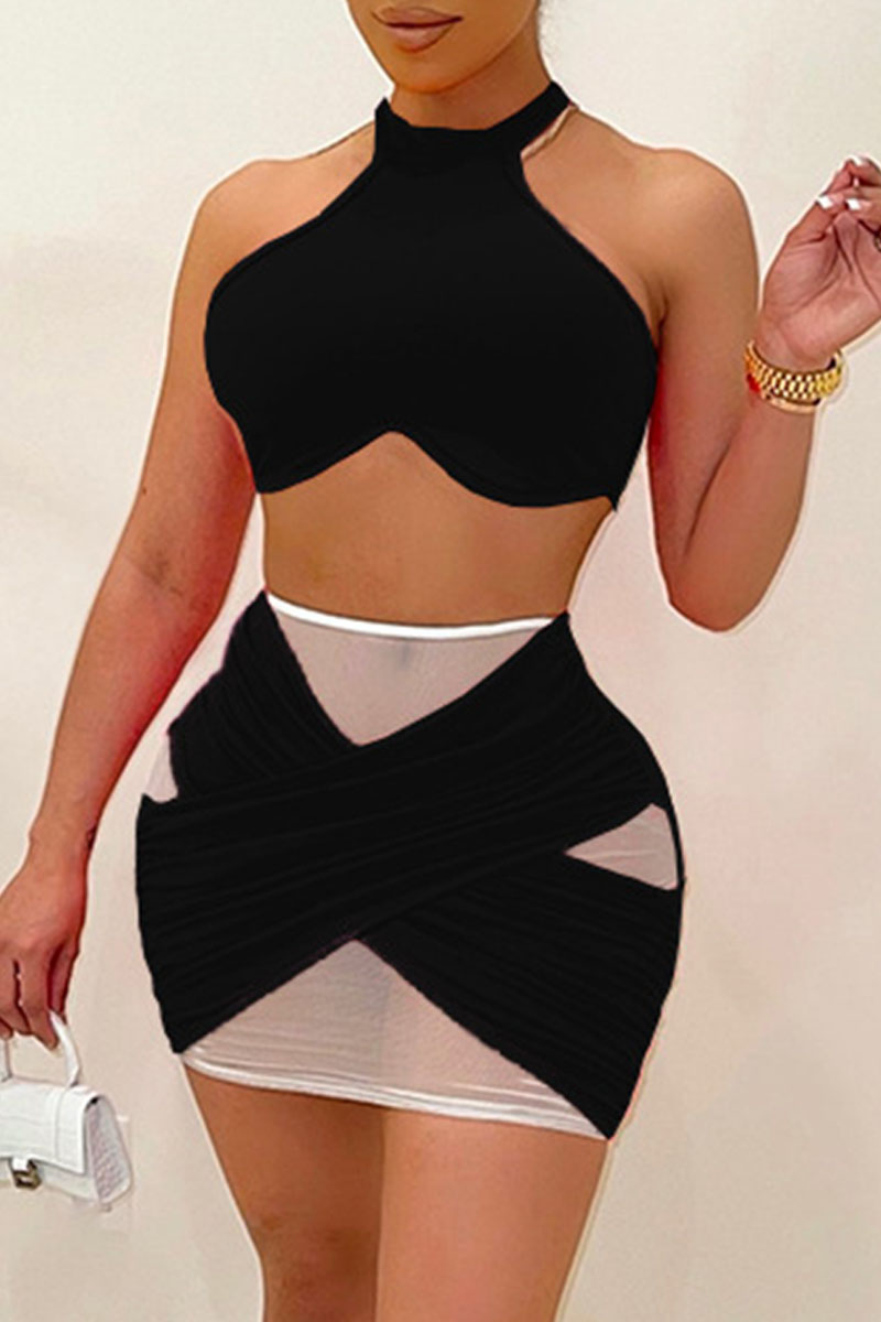 

Black Fashion Sexy Patchwork See-through O Neck Two Pieces