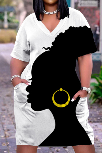 Black White Fashion Casual Print Basic V Neck Short Sleeve Dress
