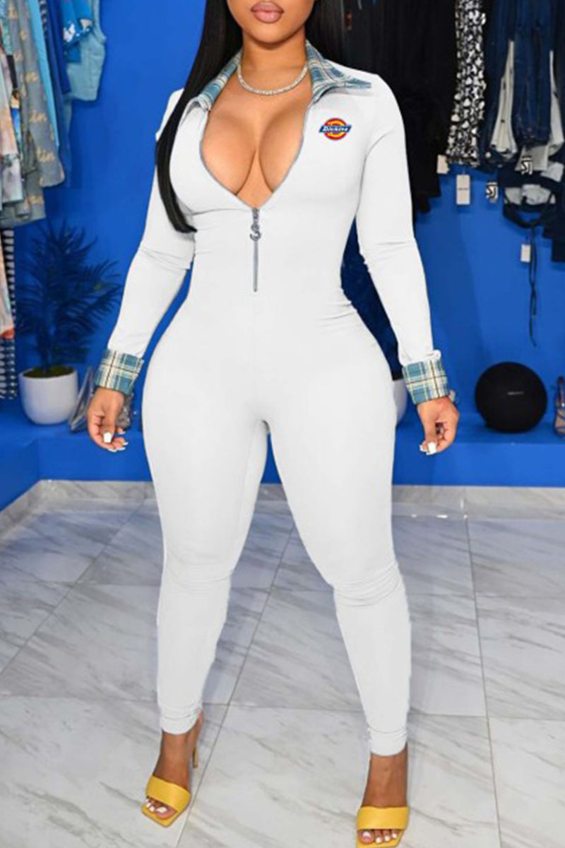

White Fashion Street Print Split Joint Turndown Collar Jumpsuits