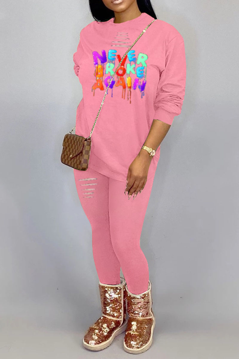 

Pink Casual Print Ripped Patchwork O Neck Long Sleeve Two Pieces