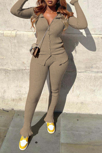 Brown Casual Solid Patchwork Buckle Turndown Collar Long Sleeve Two Pieces