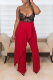 Red Casual Solid Flounce Loose Mid Waist Speaker Solid Color Bottoms