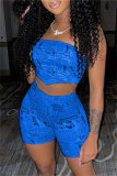 Blue Sexy Casual Print Backless Strapless Two Pieces