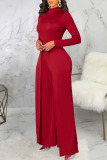Red Casual Solid Patchwork Half A Turtleneck Straight Jumpsuits