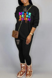 Black Casual Print Ripped Patchwork O Neck Long Sleeve Two Pieces