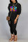 Black Casual Print Ripped Split Joint O Neck Long Sleeve Two Pieces