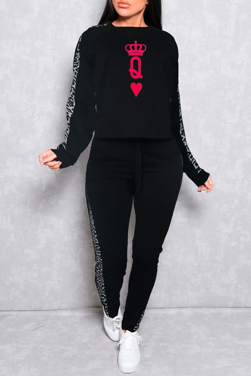 

Black Casual Print Split Joint O Neck Long Sleeve Two Pieces