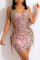 Pink Sexy Patchwork Bandage Hollowed Out Sequins Backless Halter Sleeveless Dress