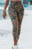 Camouflage Casual Street Print Camouflage Print Ripped Patchwork Regular High Waist Pencil Full Print Bottoms