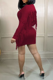 Burgundy Casual Print Tassel Split Joint O Neck One Step Skirt Plus Size Dresses