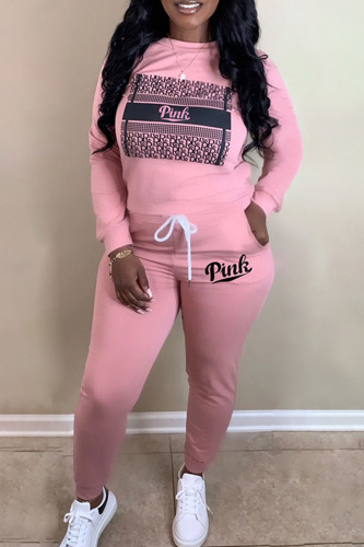 Pink Casual Print Patchwork O Neck Long Sleeve Two Pieces