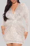 White Fashion Sexy Patchwork Sequins V Neck Long Sleeve Plus Size Dresses