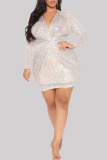 White Fashion Sexy Patchwork Sequins V Neck Long Sleeve Plus Size Dresses