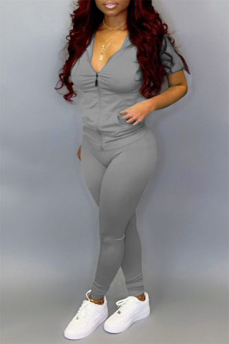 Grey Fashion Casual Solid Basic Zipper Collar Short Sleeve Two Pieces