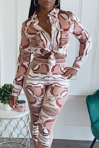 Khaki Casual Print Patchwork Turndown Collar Long Sleeve Two Pieces