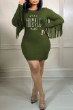Burgundy Casual Print Tassel Split Joint O Neck One Step Skirt Plus Size Dresses