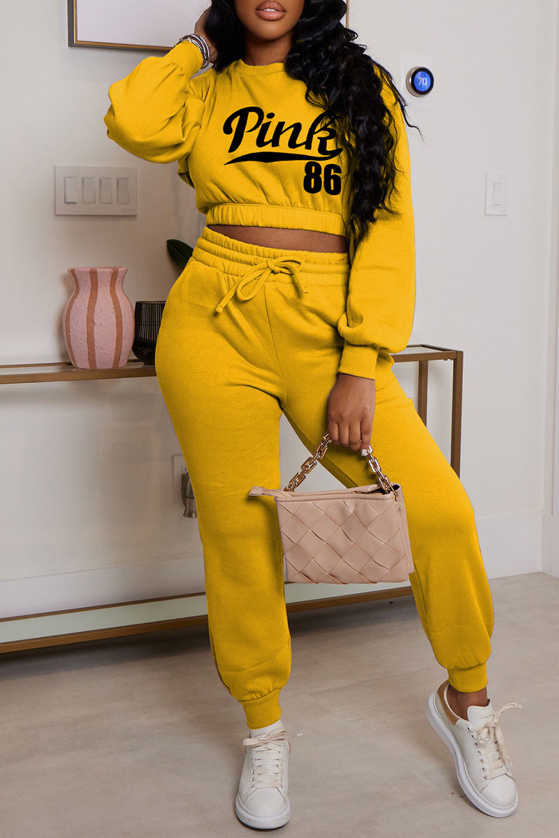 

Yellow Fashion Casual Letter Print Basic O Neck Long Sleeve Two Pieces