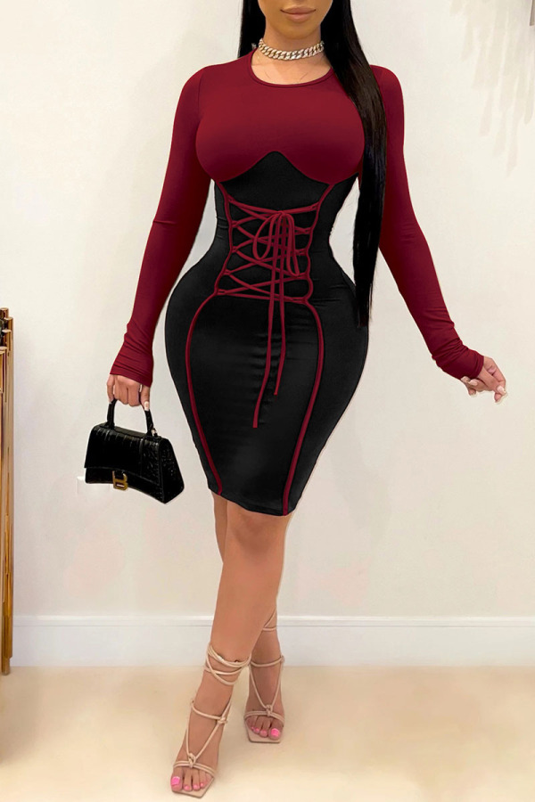 Burgundy Sexy Solid Bandage Patchwork O Neck One Step Skirt Dresses