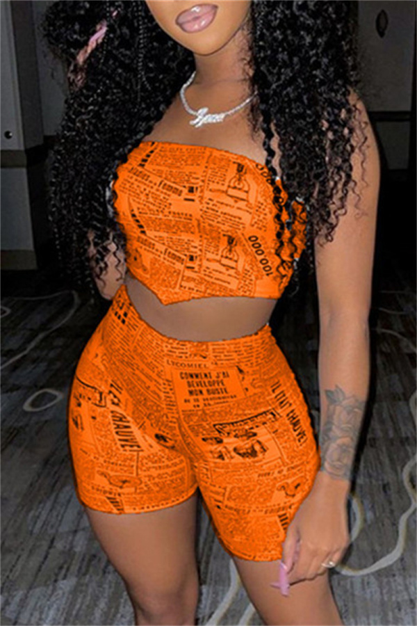 Orange Sexy Casual Print Backless Strapless Two Pieces