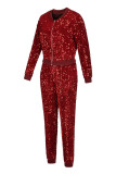Red Fashion Patchwork Sequins Zipper Collar Long Sleeve Two Pieces