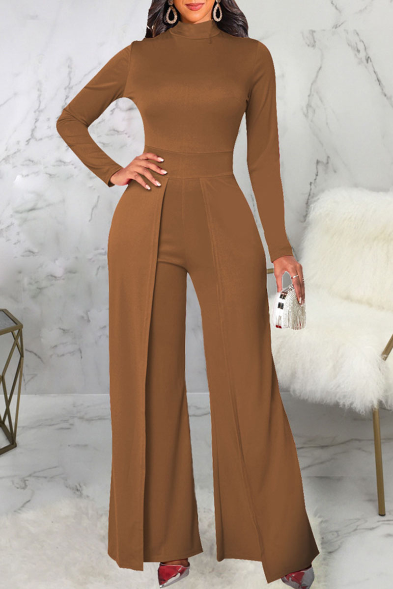

Brown Casual Solid Split Joint Half A Turtleneck Straight Jumpsuits