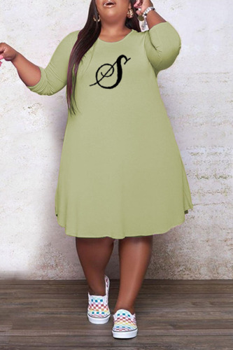 Light Green Casual Print Patchwork O Neck A Line Dresses