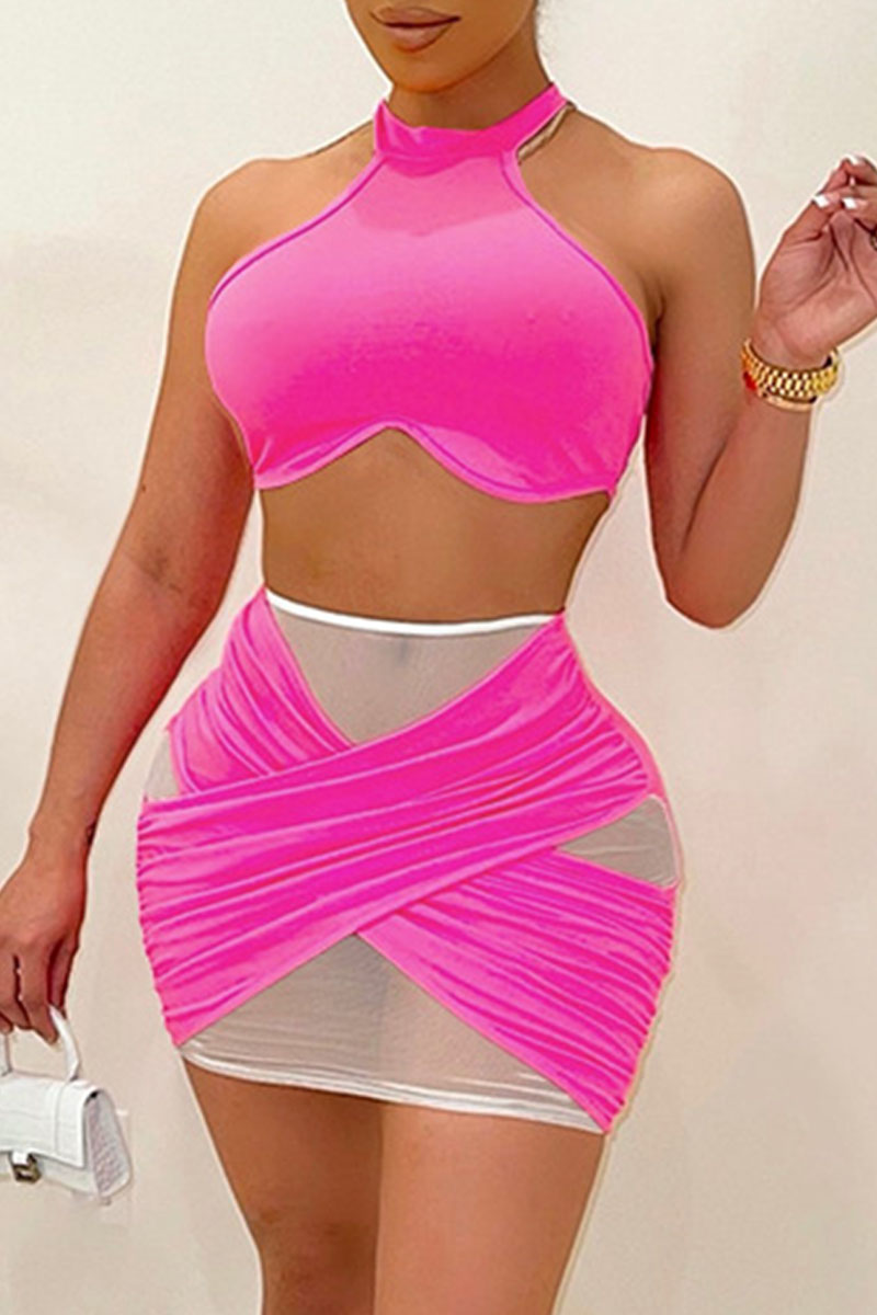 

Pink Fashion Sexy Patchwork See-through O Neck Two Pieces