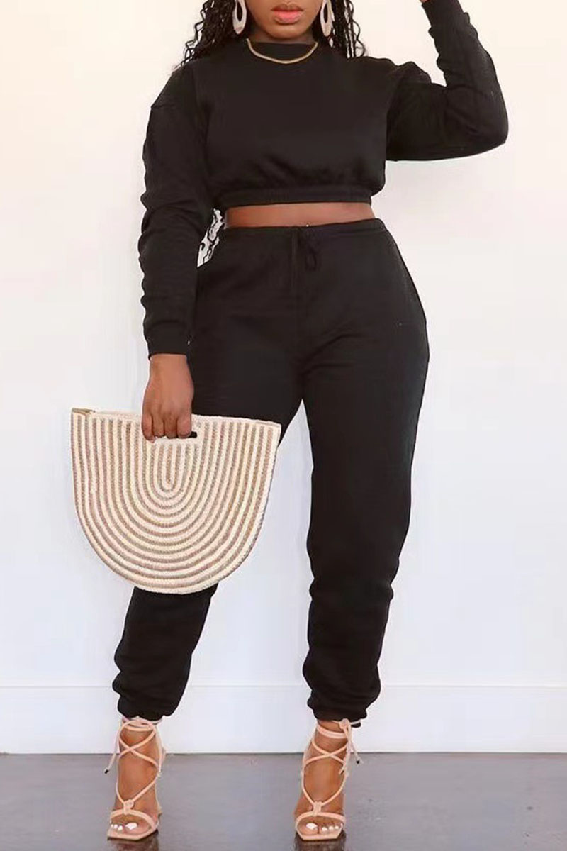 

Black Fashion Casual Solid Basic O Neck Long Sleeve Two Pieces