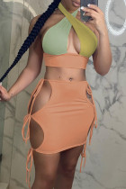 Orange Sexy Patchwork Solid Bandage Hollowed Out Backless Halter Sleeveless Two Pieces
