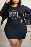 Black Casual Print Tassel Split Joint O Neck One Step Skirt Plus Size Dresses